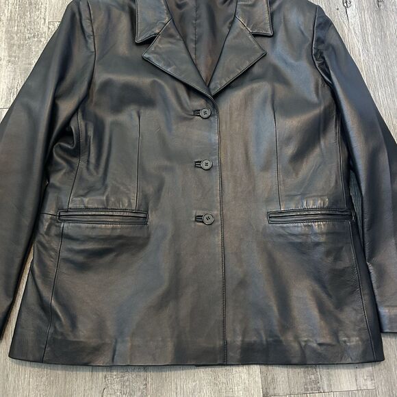 Womens Black Genuine Leather Jacket Size XL Three Buttons Pockets Massini coat - Picture 2 of 6